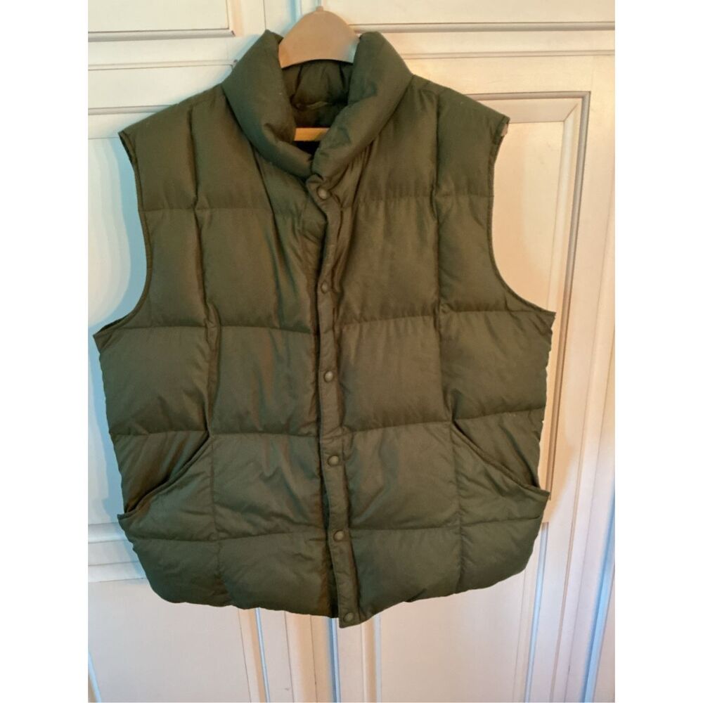 Lands End Mens Green Puffer Goose Down Snap Vest Sz L